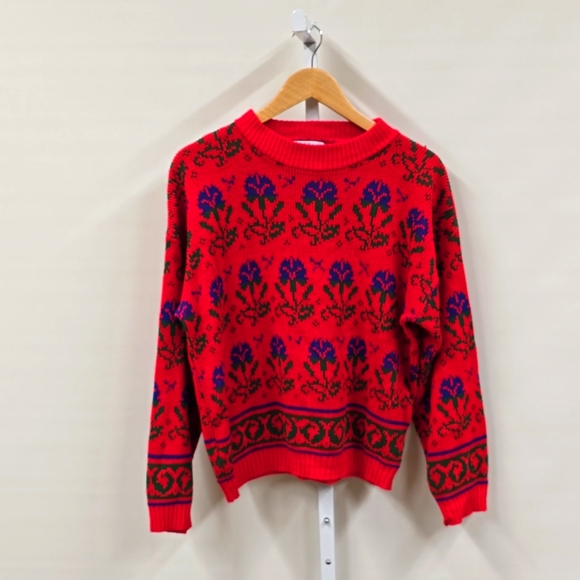Vintage Sweaters - Vintage Red Sweater Flowers Medium